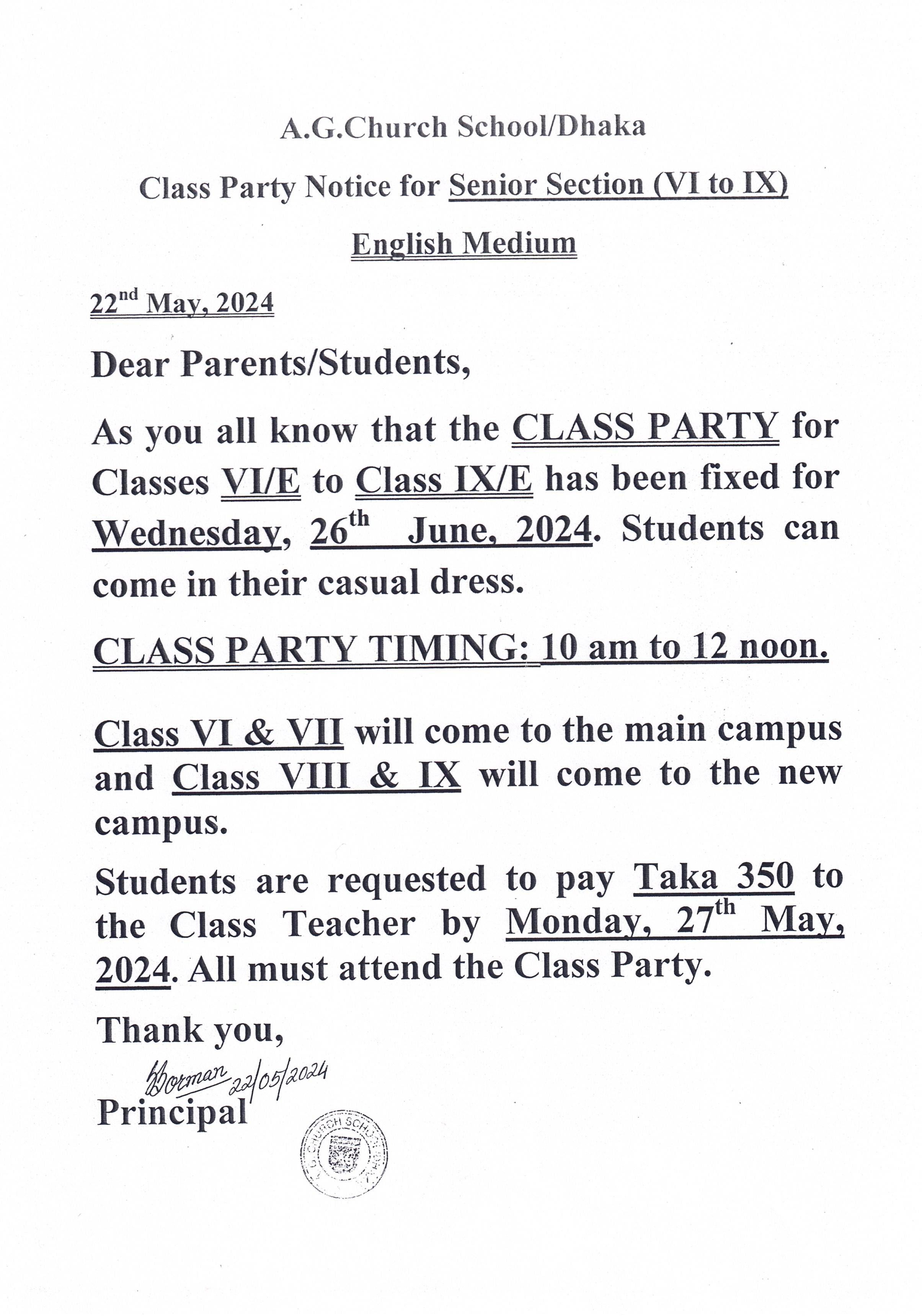 Class Party Notice for Senior Section (VI to IX) English Medium on Wednesday 26th June 2024