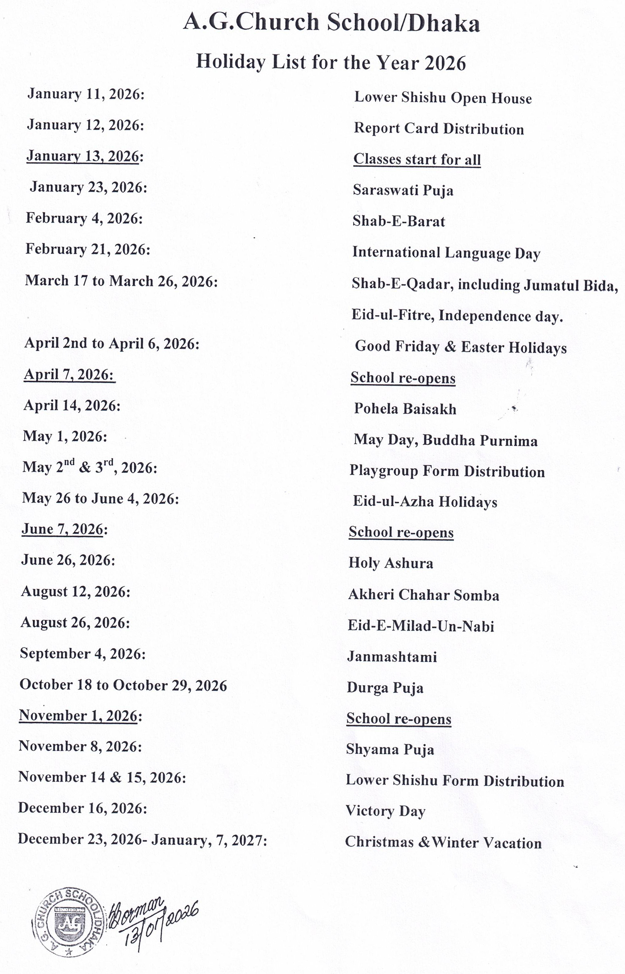 Holiday List for the Year 2026