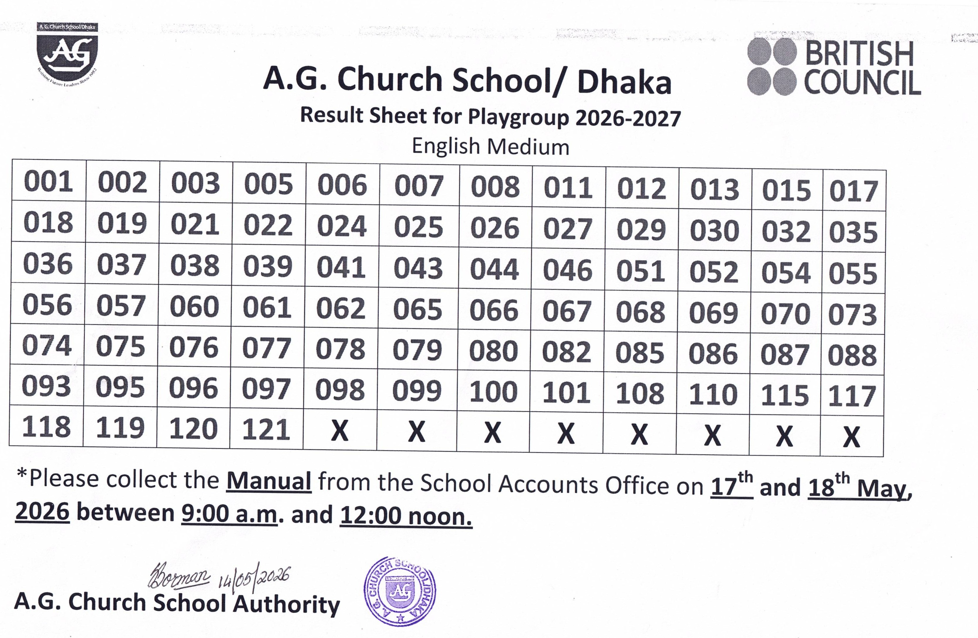 Result Sheet for Playgroup 2026-2027